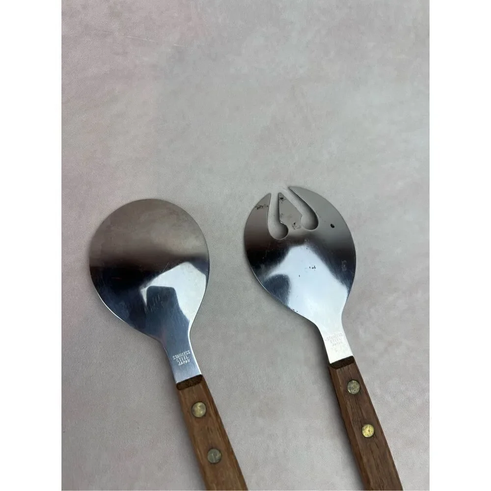 Vintage 1970s Stainless Steel Salad Fork Spoon Wood Handle Mid Century Modern Ja